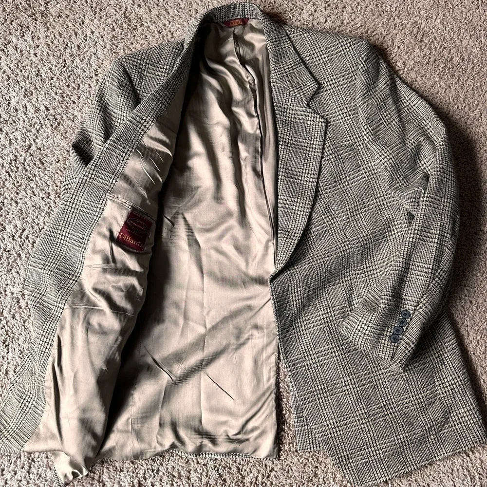 Brand: Corbin Classic brown and gray plaid blazer with a double button closure.